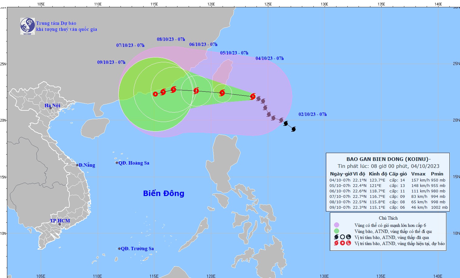 Dự báo thời tiết ngày 4/10: Bão Koinu giật cấp 17, cách Đài Loan (Trung Quốc) khoảng 300km